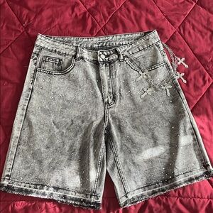 Gray Denim Shorts with Cross Chain